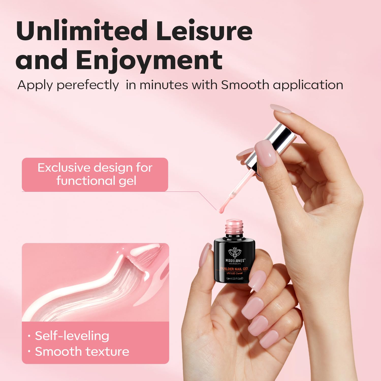 Modelones builder gel promises no bubbles and strong adhesion when cured properly.