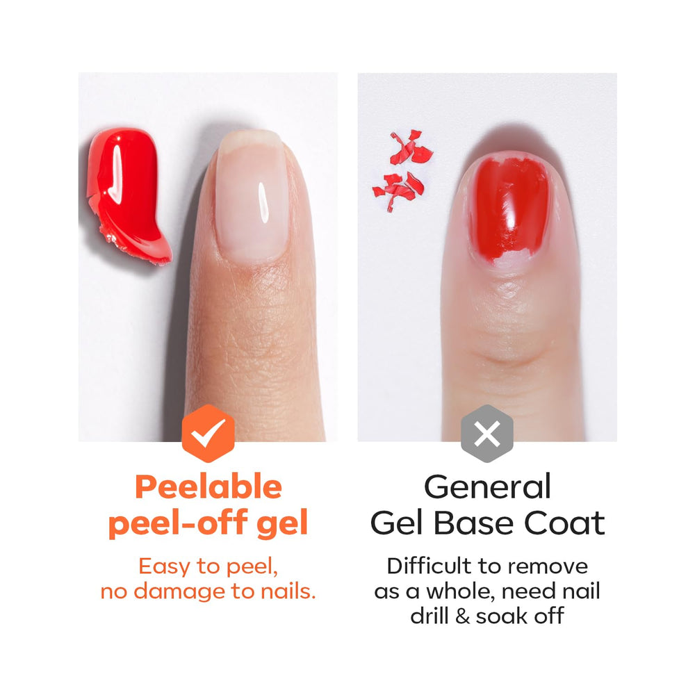 Modelones peel-off base coat applied on nail for temporary color change.