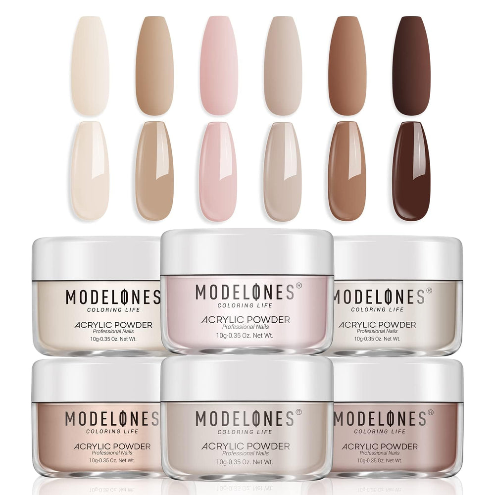 Modelones nude acrylic powder collection swatches showing six versatile nude tones for nails.