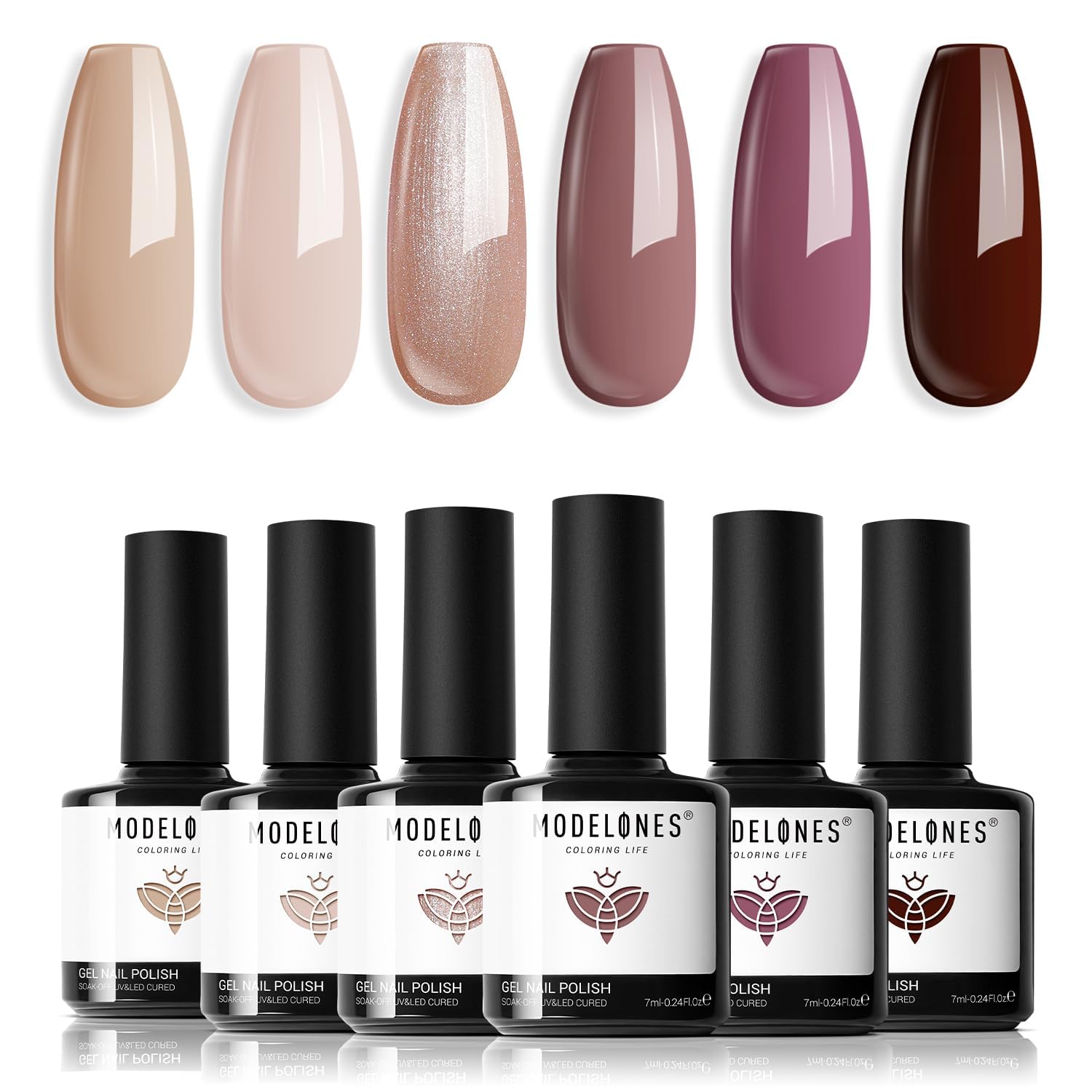 Modelones nude-brown gel polish set, six versatile shades for daily manicures.