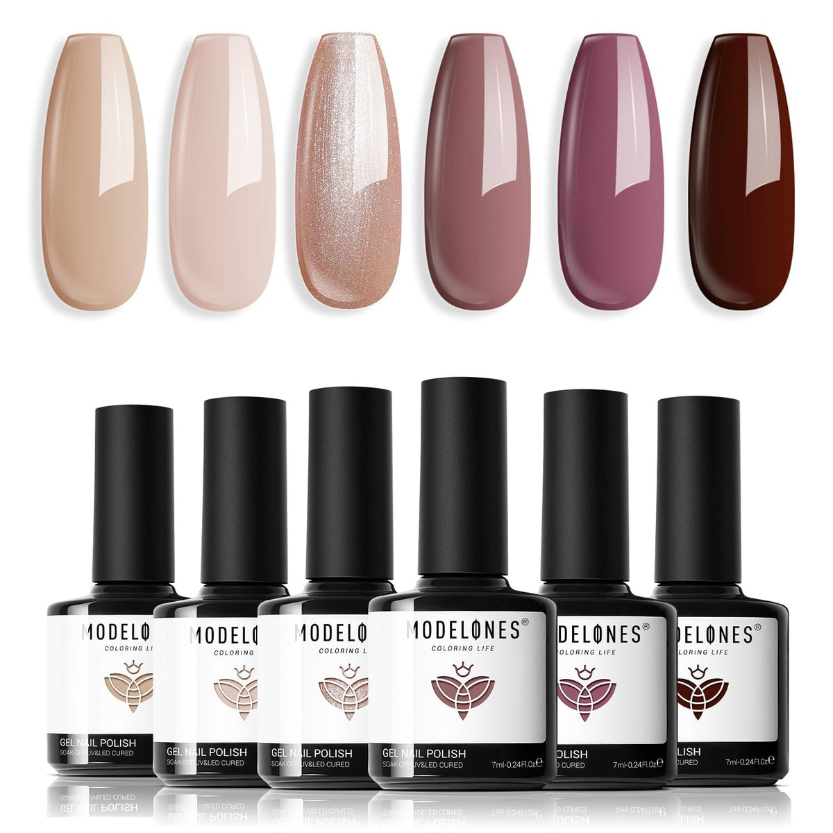 Modelones nude-brown gel polish set, six versatile shades for daily manicures.