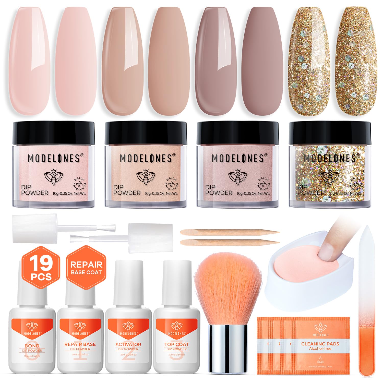 Modelones nude dip powder colors palette closeup for chic manicure inspiration.