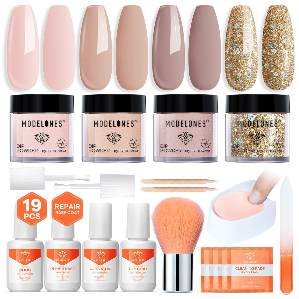 Modelones nude dip powder colors palette closeup for chic manicure inspiration.