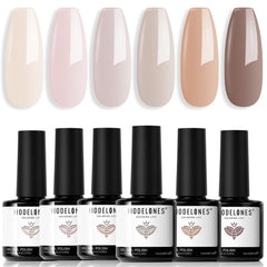 Modelones Nude gel nail polish set with six creamy nude shades for daily nails
