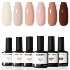 Modelones Nude Gel Polish Set with six nude shades for versatile at-home manicures