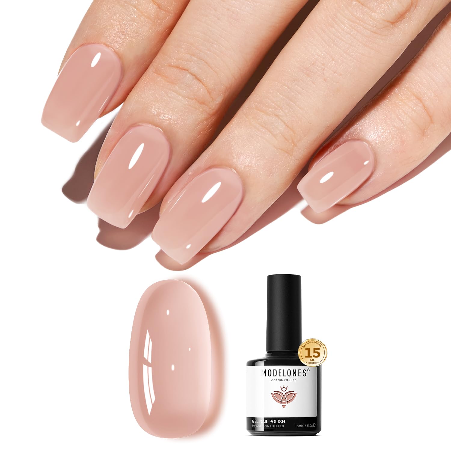 Modelones Nude Gel Polish bottle shows jelly natural pink shade for at-home manicures.