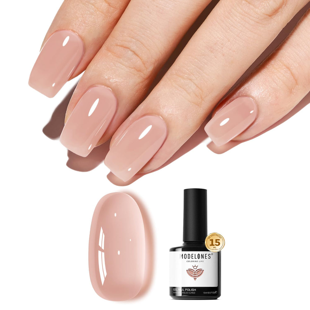 Modelones Nude Gel Polish bottle shows jelly natural pink shade for at-home manicures.