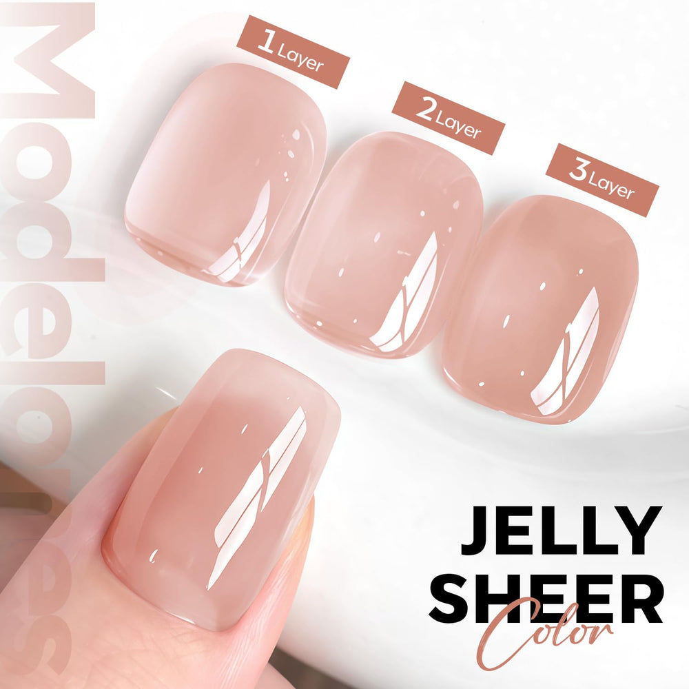 Modelones Nude Gel Polish swatches reveal translucent pink for subtle nail art.