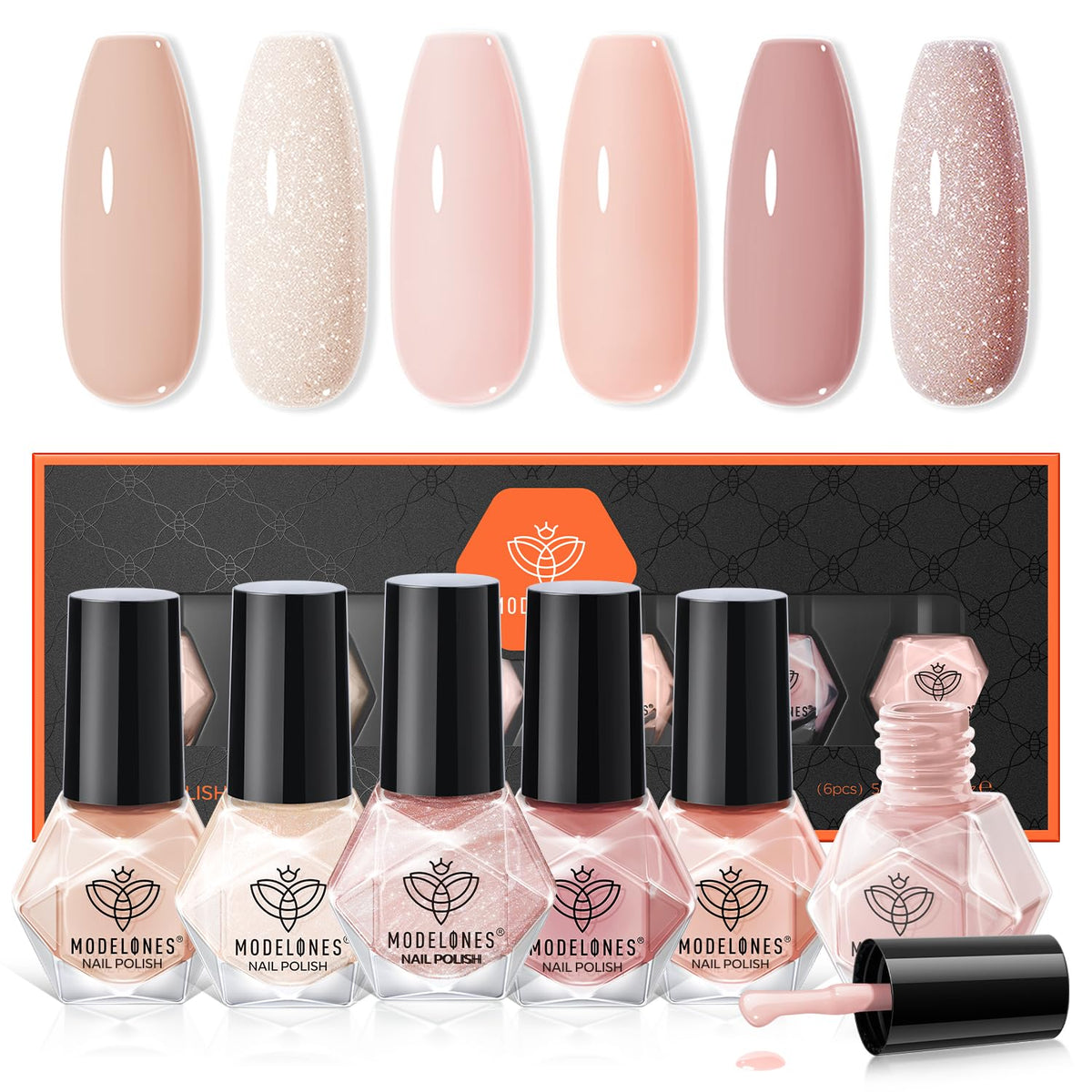 Modelones Nude Nail Polish Set bubble bath bottles showing six quick-dry colors