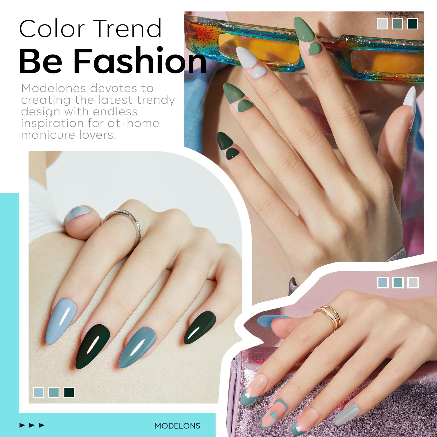 Modelones olive-green gel nail polish swatch highlights rich green tone.