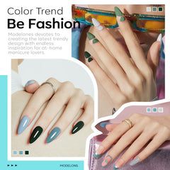 Modelones olive-green gel nail polish swatch highlights rich green tone.