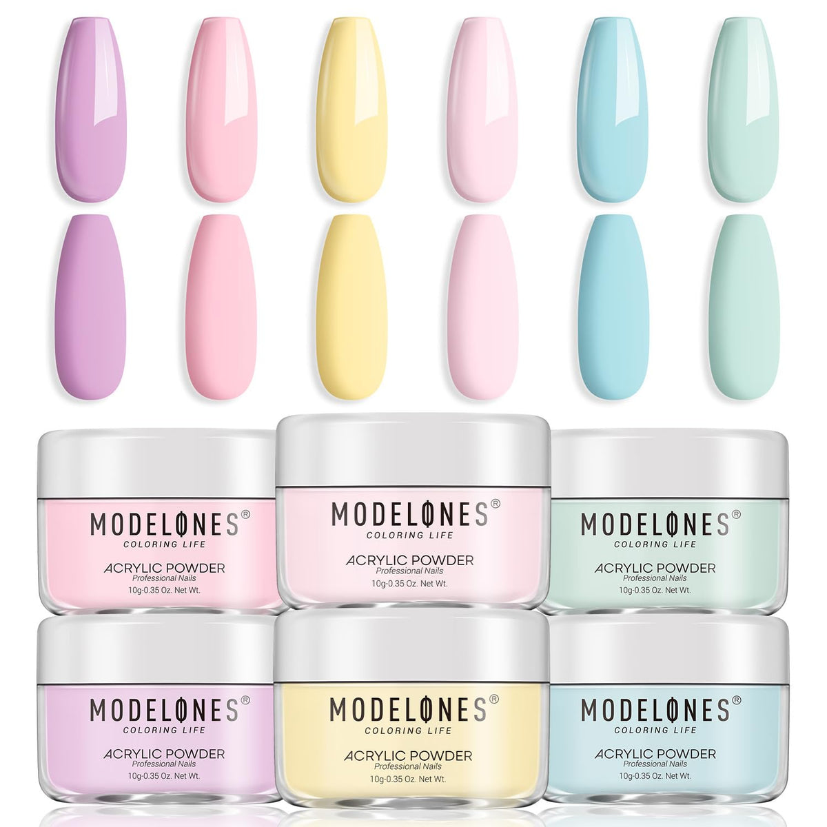 Modelones pastel macaron acrylic powder collection in 6 colors for spring nails.