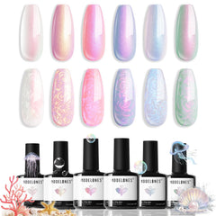 Modelones Pearl Gel Nail Polish Set swatches show aurora shimmer for versatile looks.