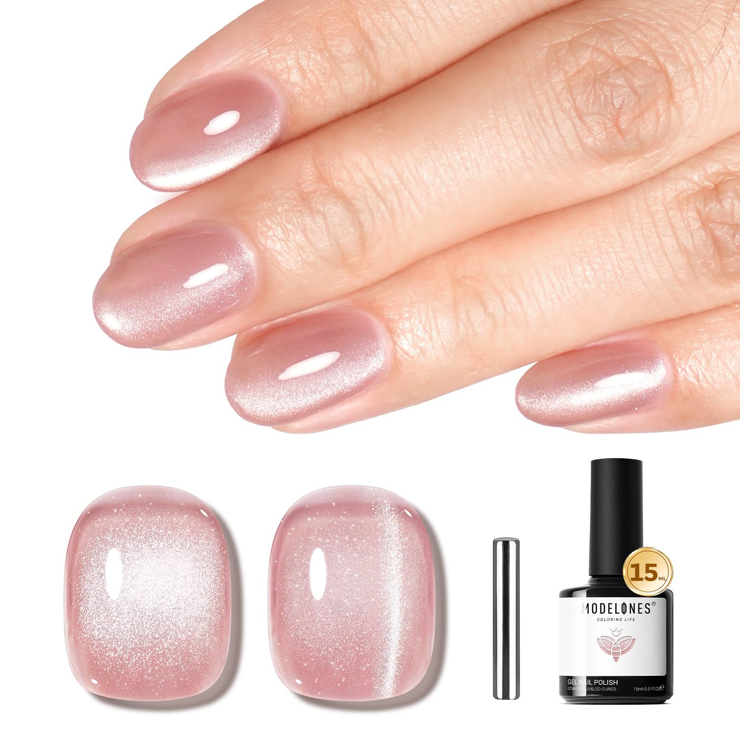 Modelones pink cat eye gel polish magnet close-up shows striking color-shift on nails.
