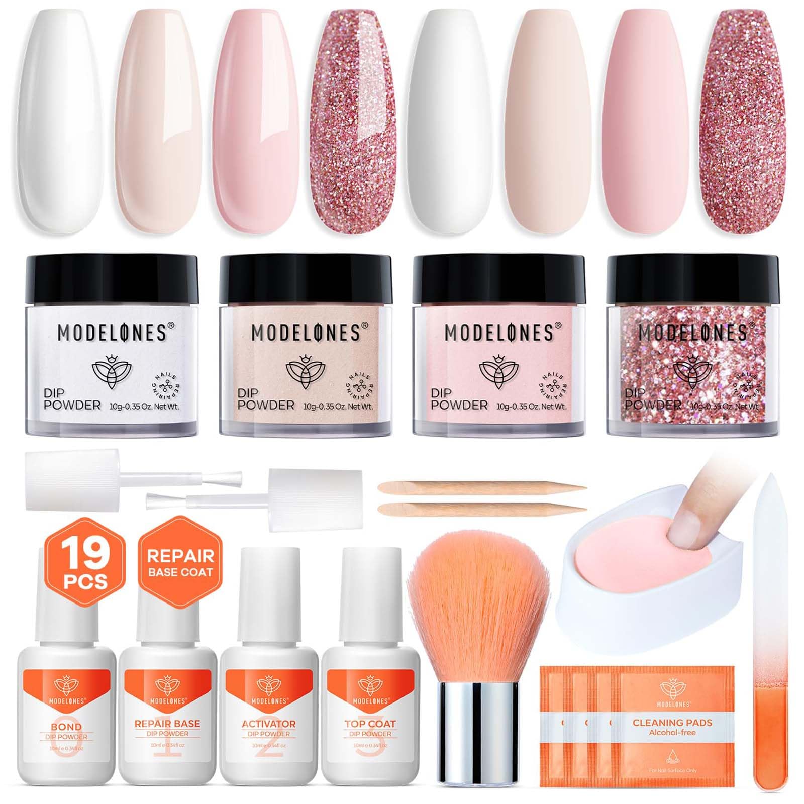 Modelones pink dip powder kit collection for at-home manicures with four colors.