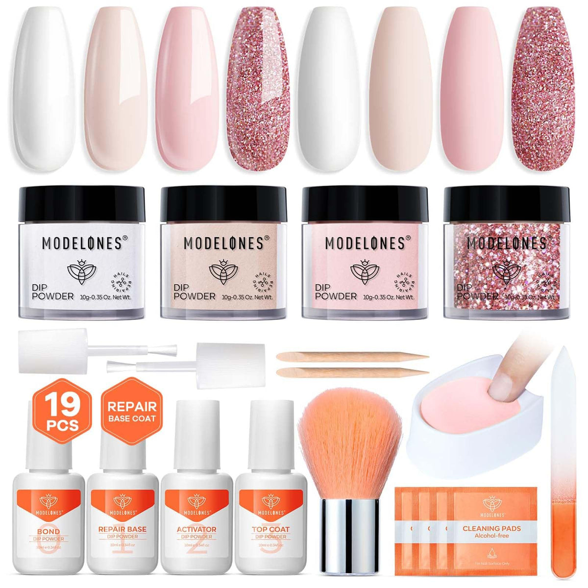 Modelones pink dip powder kit collection for at-home manicures with four colors.