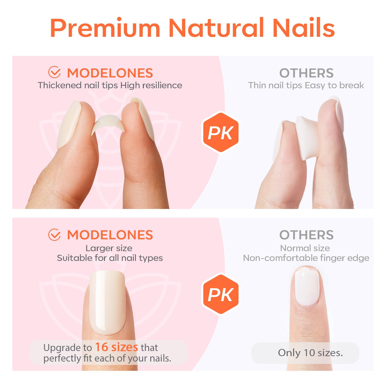 Modelones pink French nails close-up with a glossy, durable finish.