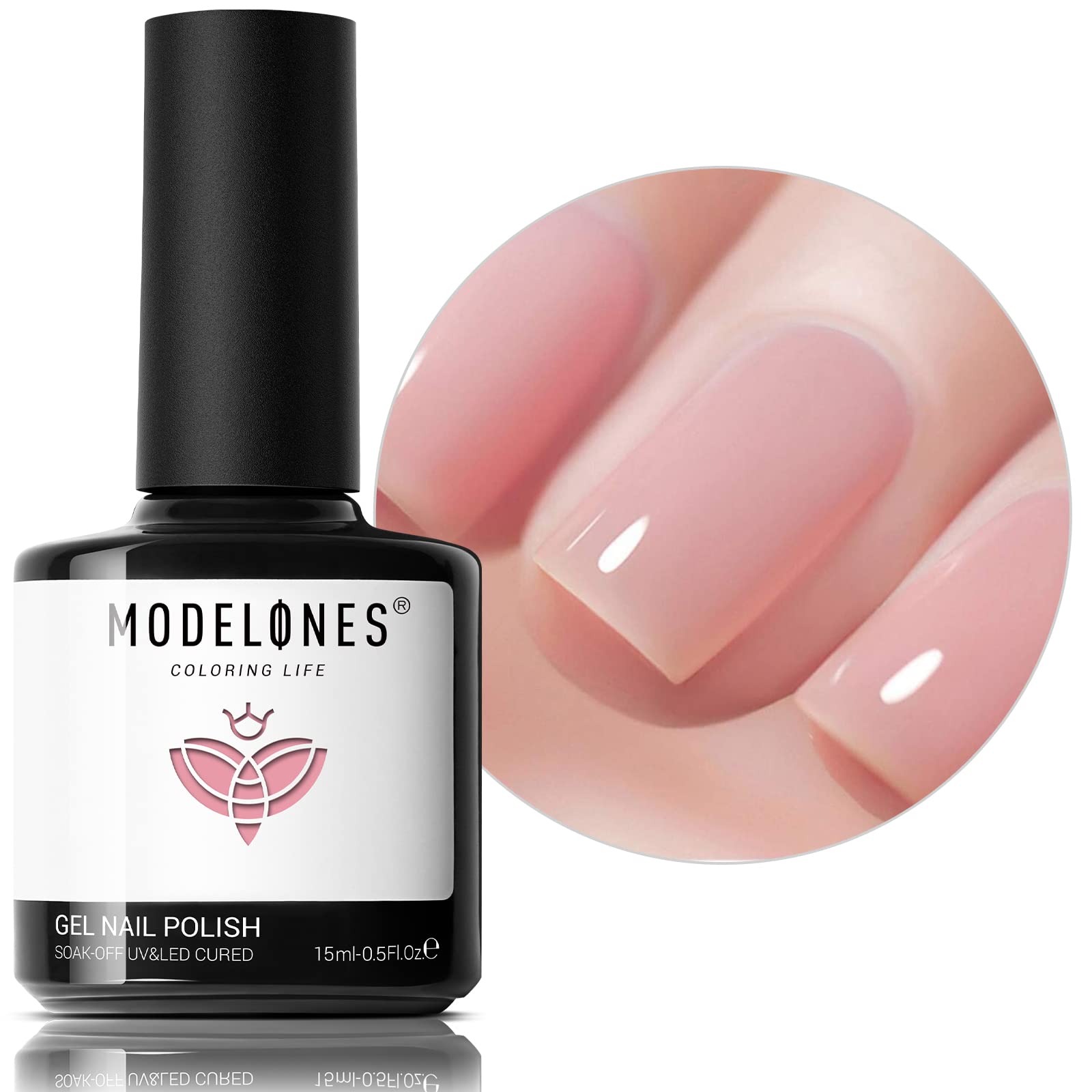 Modelones pink jelly gel polish bottle close-up showing translucent finish for at-home manicures