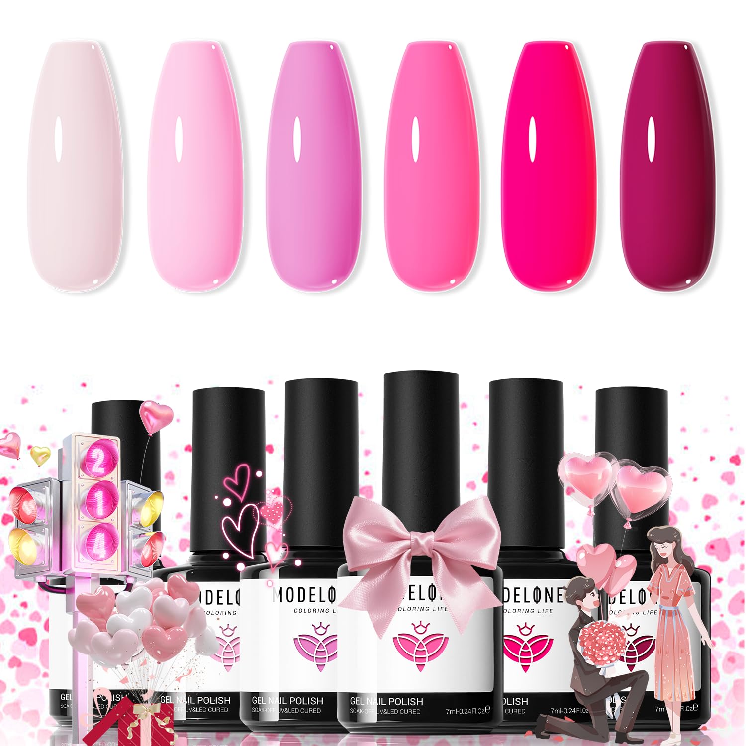 Modelones pink gel nail polish kit bottles arranged for a long-lasting manicure.