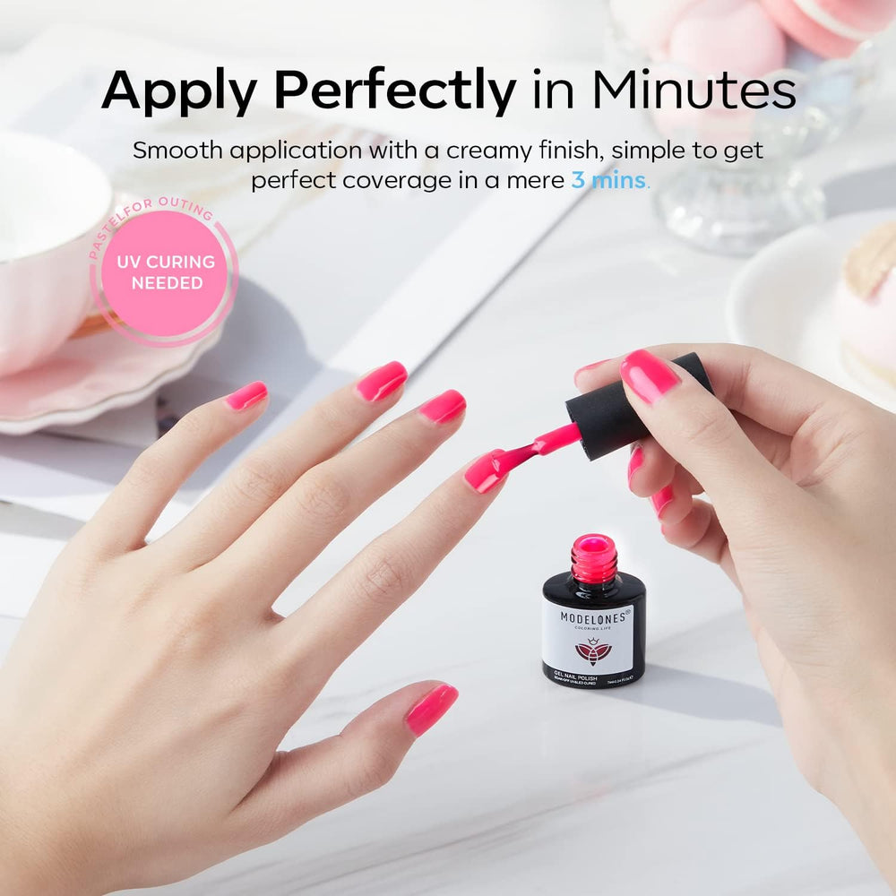 Modelones brush-applied pink gel polish on nails demonstrates easy, streak-free application.