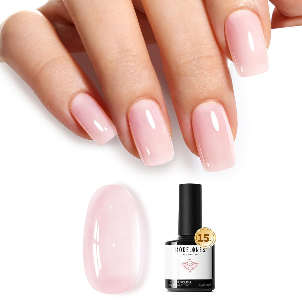 Modelones pink gel nail polish bottle with bright finish, long-wearing color.
