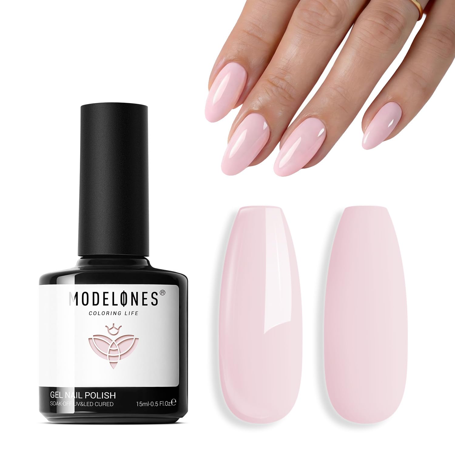 Modelones pink gel polish bottle displays a soft light pink shade for at-home nails.