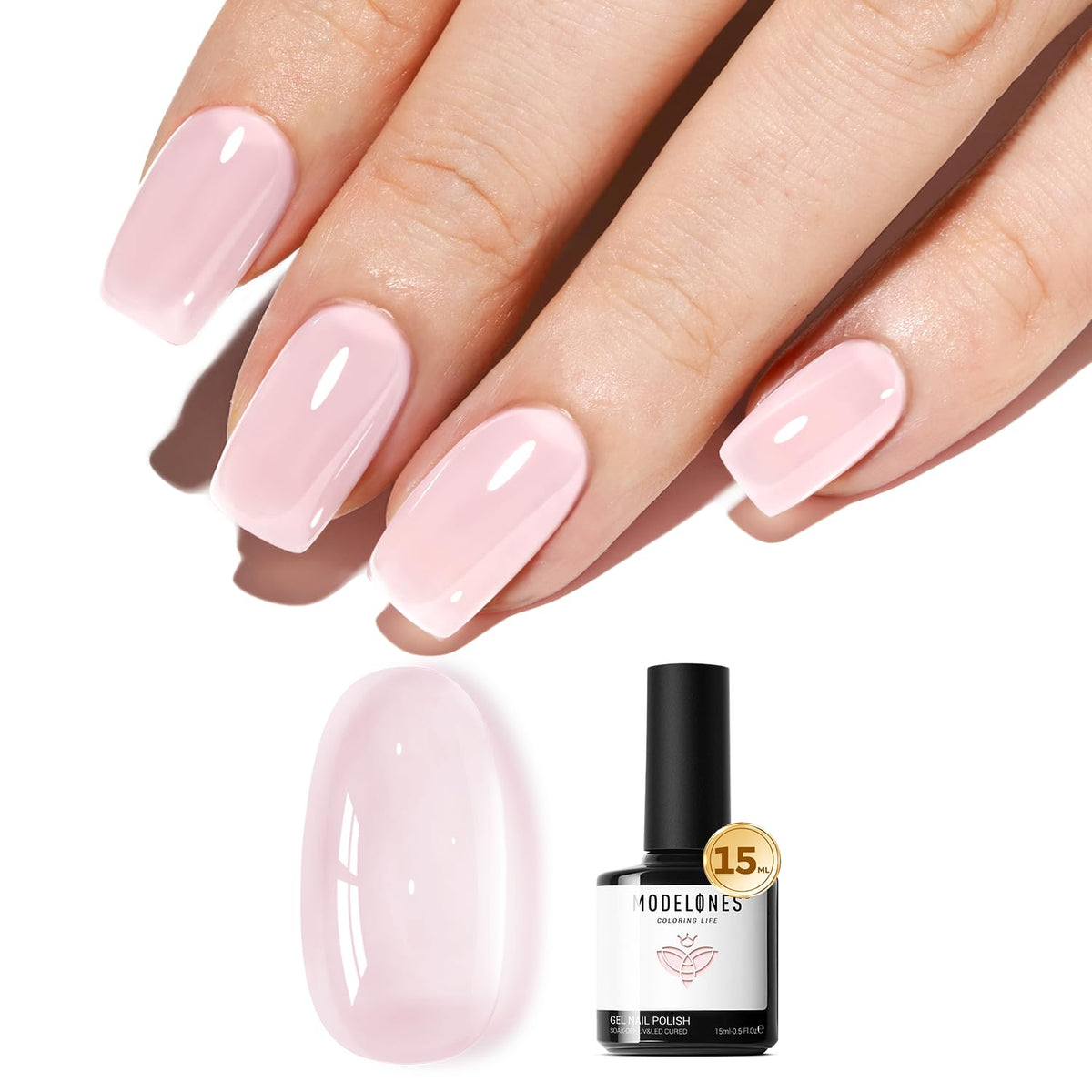 Modelones pink jelly gel polish swatch showing translucent nude finish for versatile looks
