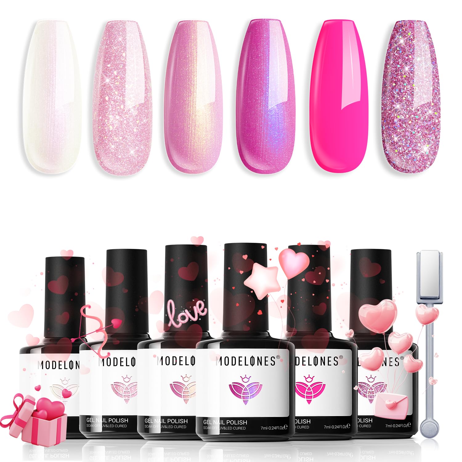 Modelones pink glitter gel nail polish set with six colors for versatile nail art.