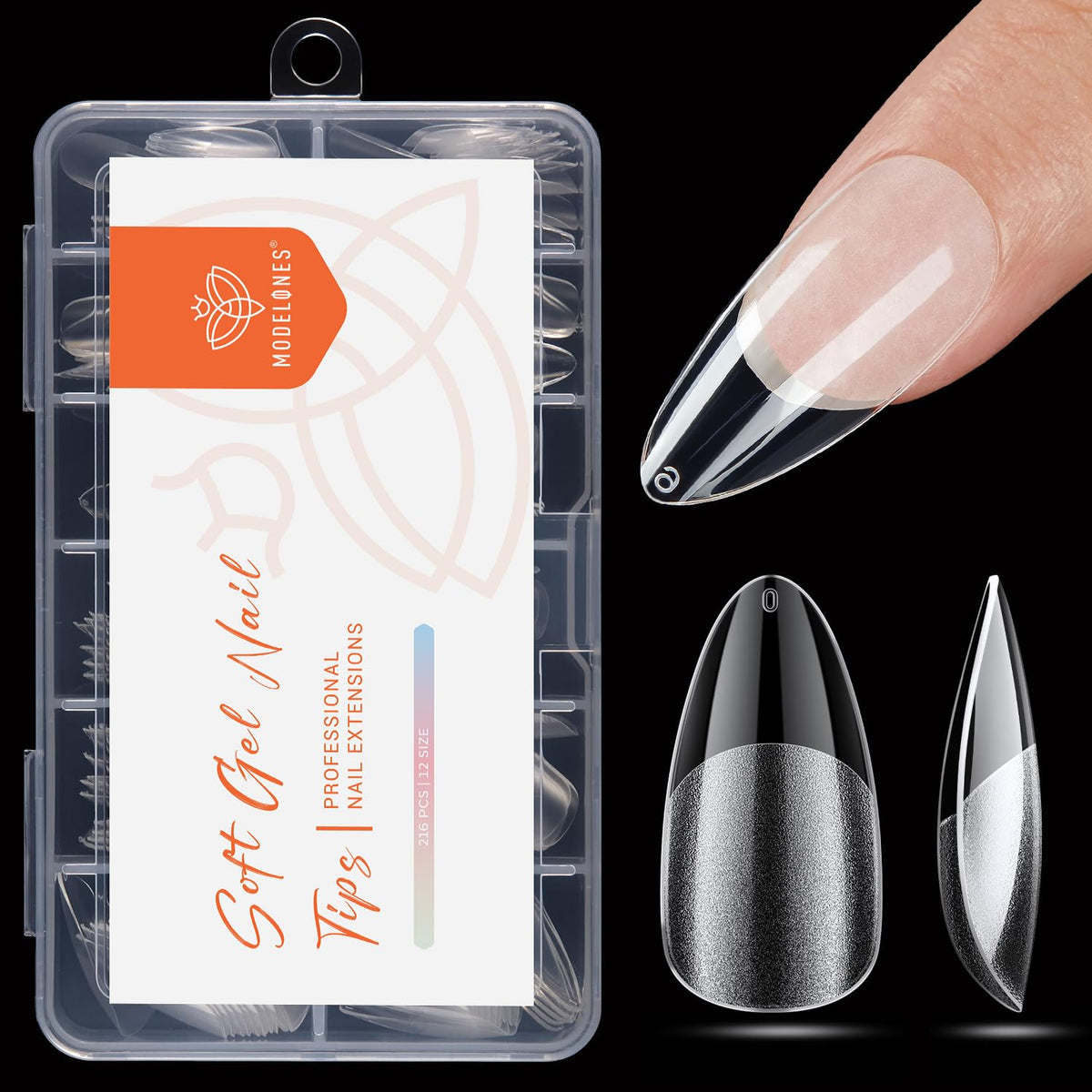 Modelones pointed almond nail tips 216 pcs for precise at-home extensions