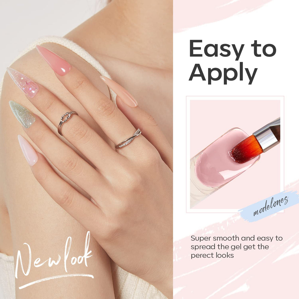 Modelones poly extension gel application on nail demonstrates smooth, quick DIY manicure.