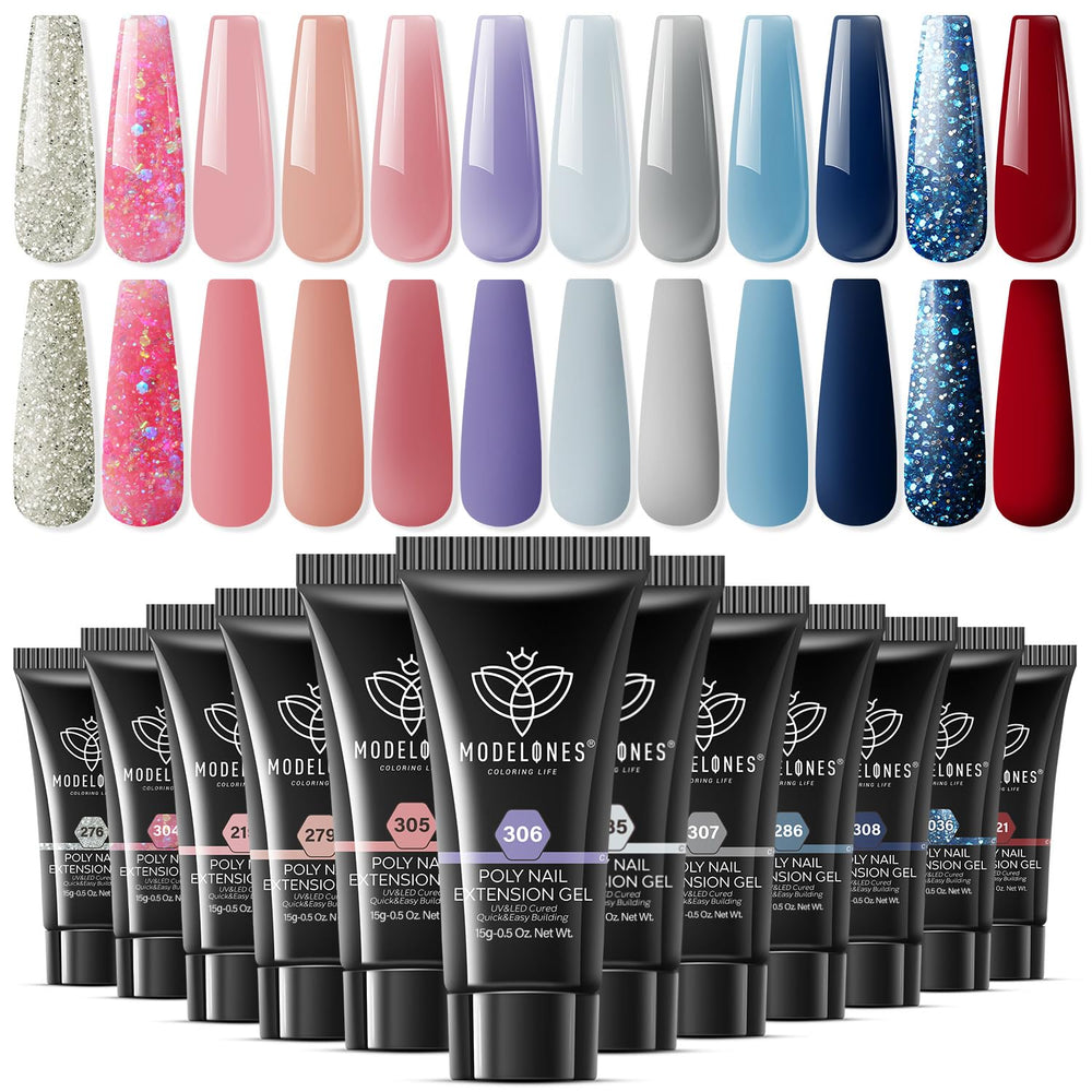 Modelones poly extension gel kit display with 12 color options for at-home nail art.