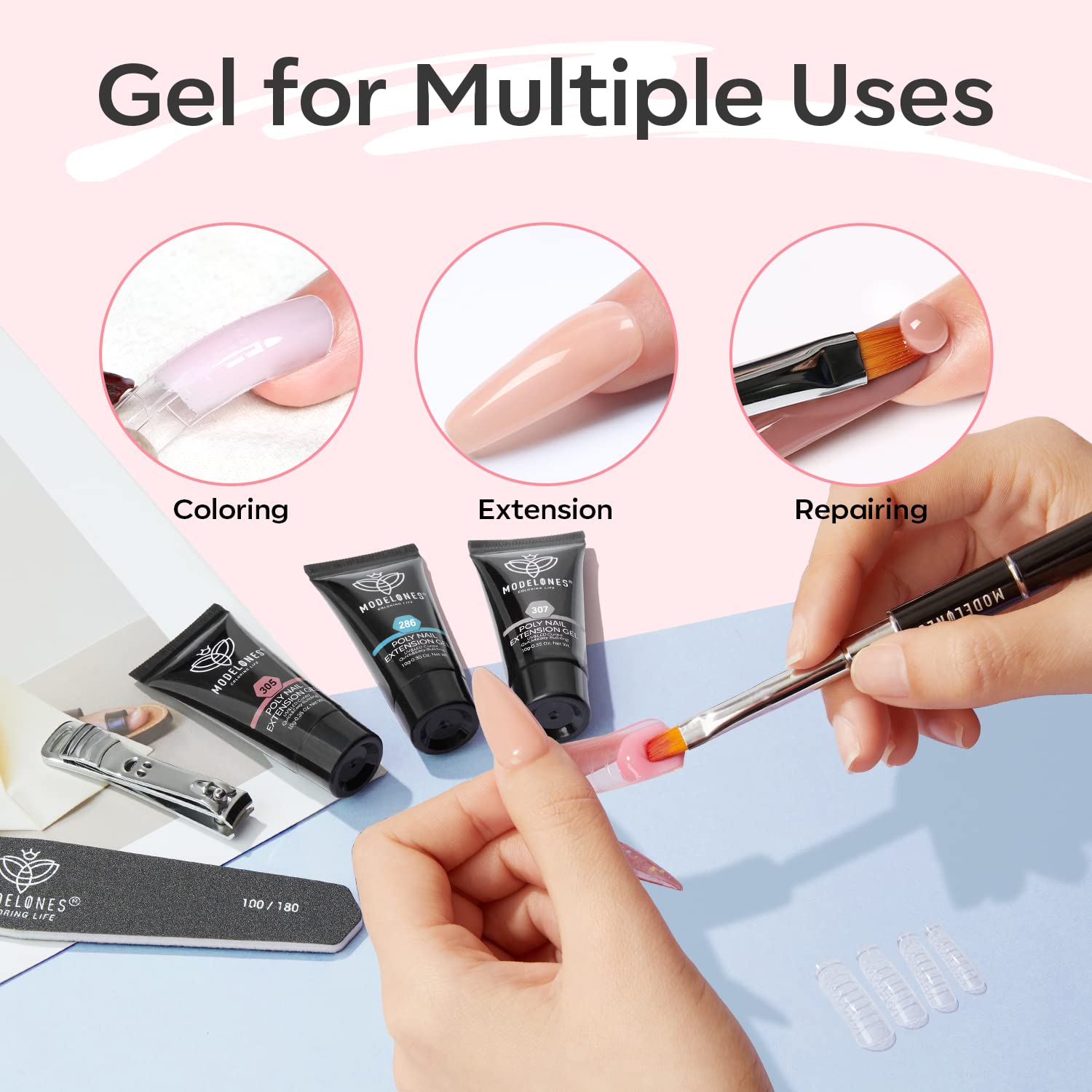 Modelones poly extension gel kit under lamp shows fast curing for home use.
