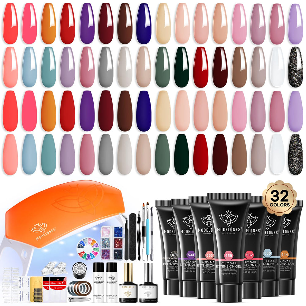 Modelones poly nail gel kit with 32 colors and UV lamp for at-home manicures.