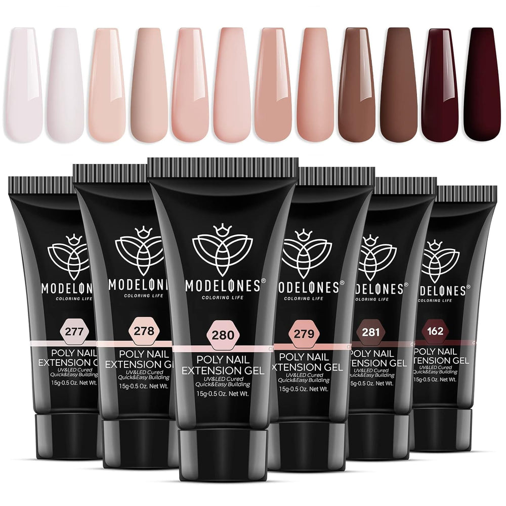 Modelones poly nail gel kit with six nude tones for natural-looking at-home manicures.