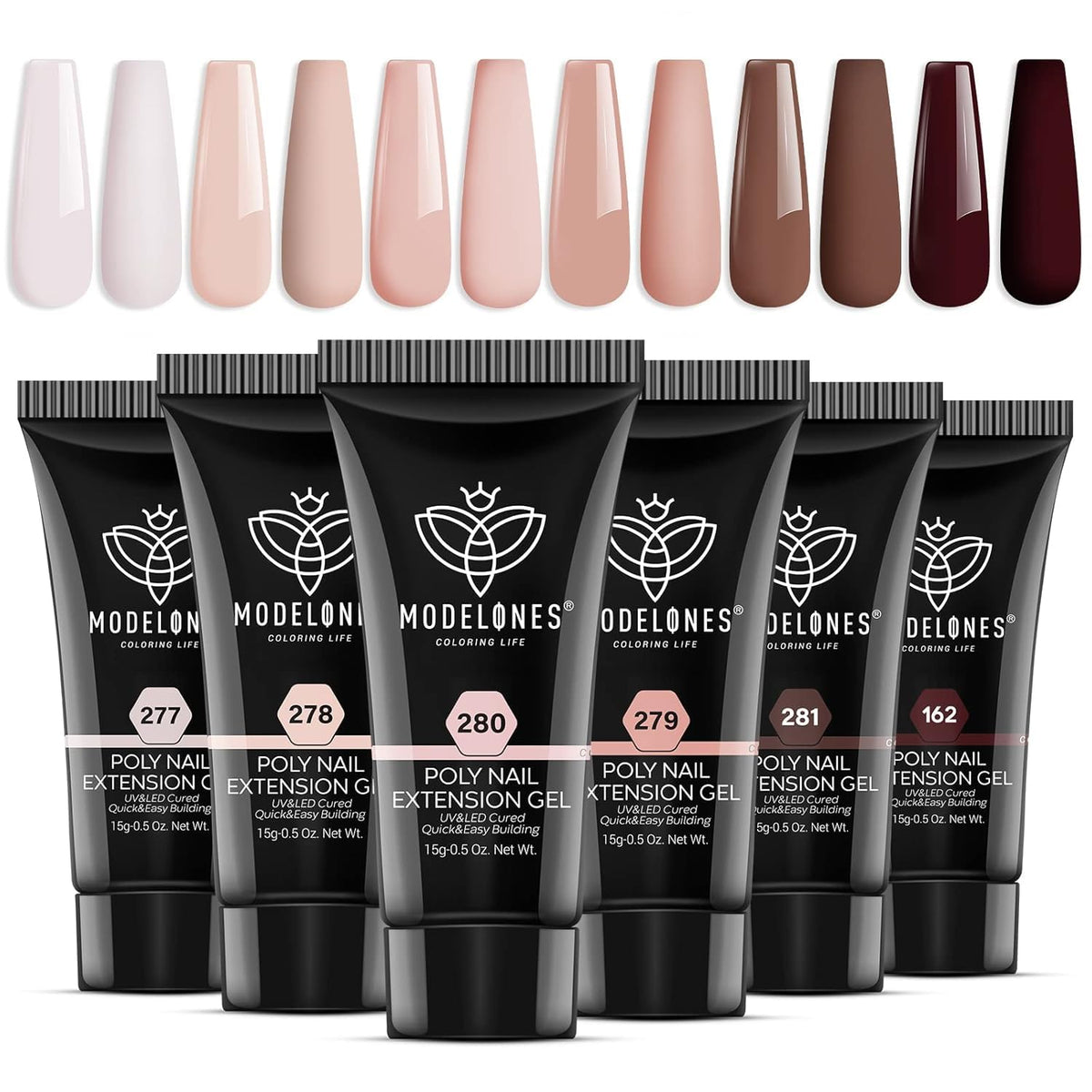 Modelones poly nail gel kit with six nude tones for natural-looking at-home manicures.