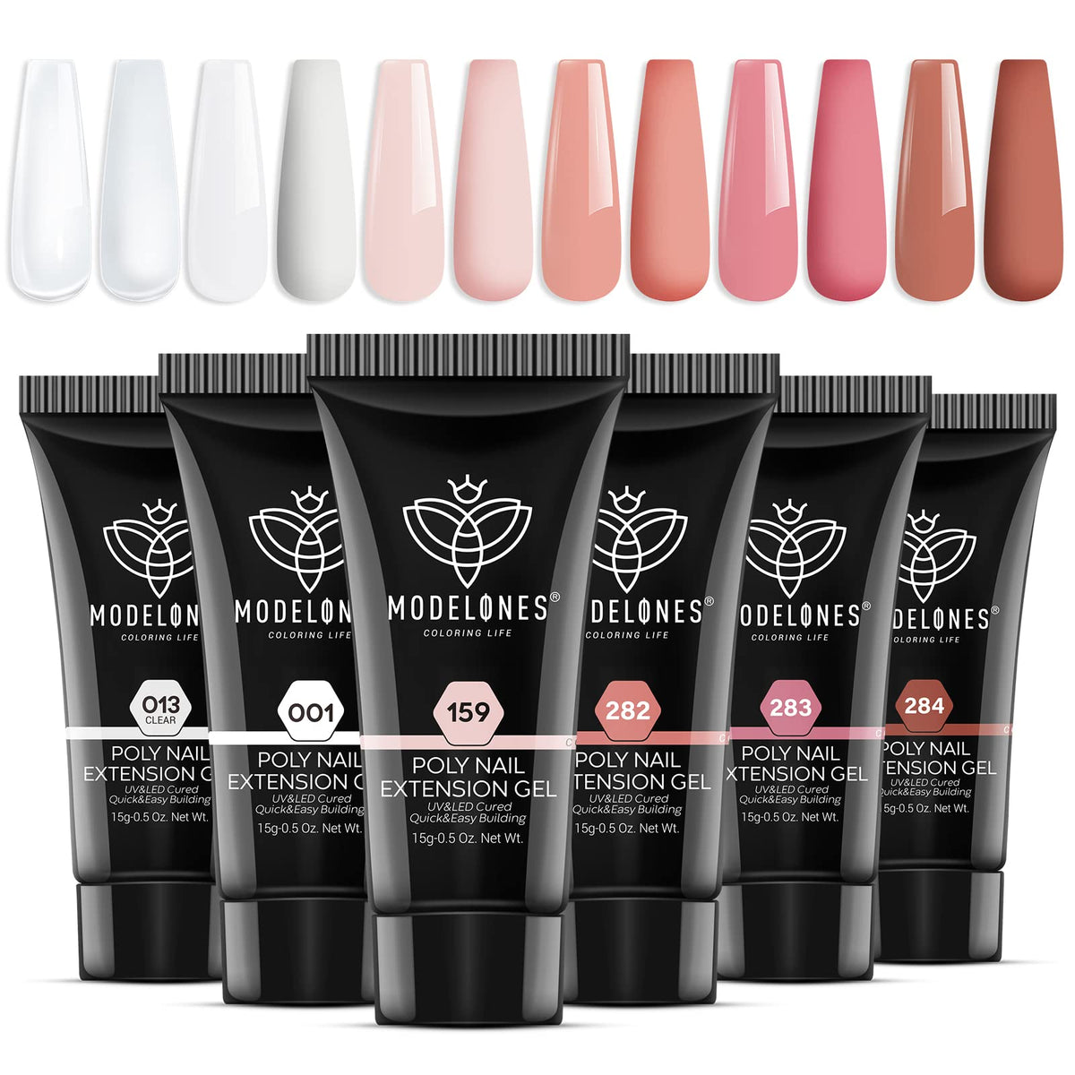 Modelones poly nail gel set with six nude-pink-brown colors for daily manicure.
