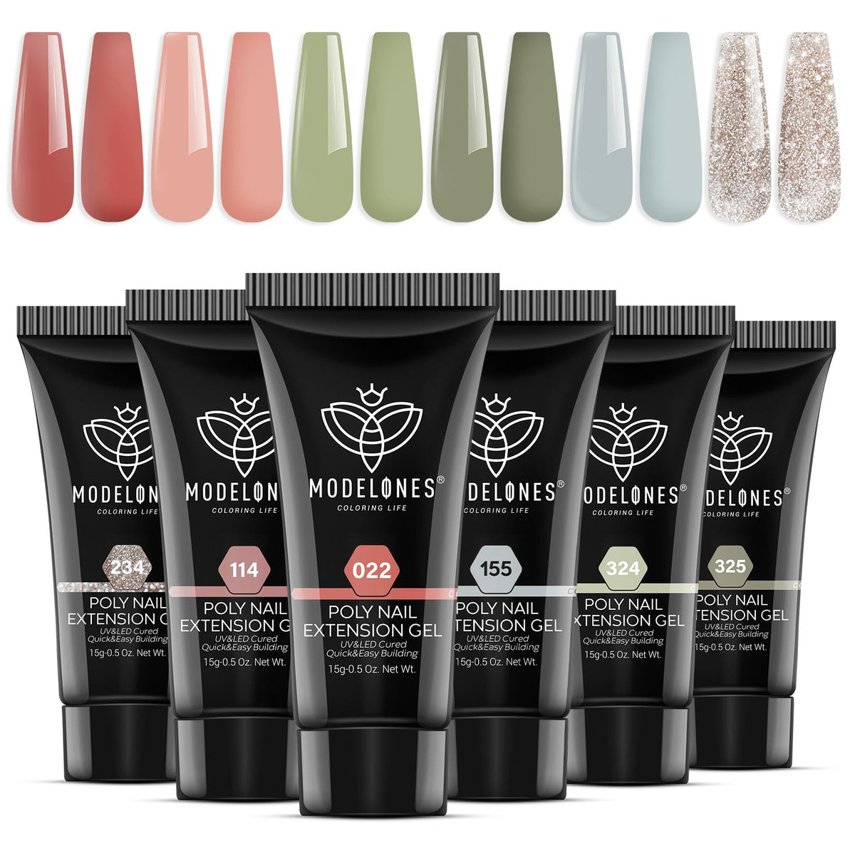 Modelones poly nail gel set in six colors for versatile at-home manicure.