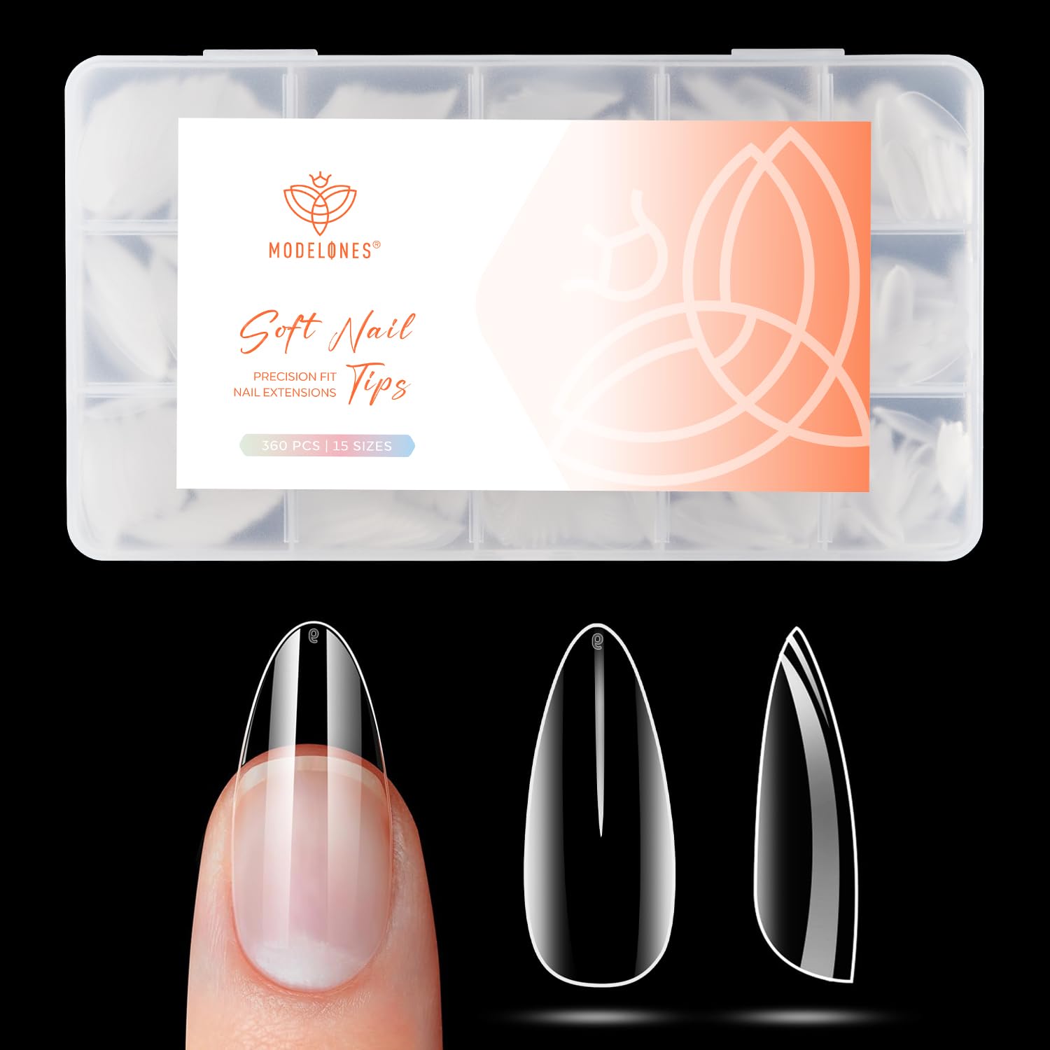Modelones pre-shaped clear almond nail tips for quick at-home manicures and professional-looking results.