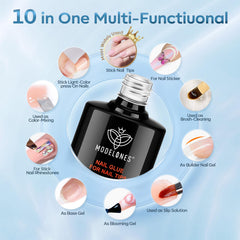 Modelones precision brush applicator enables precise nail glue application.