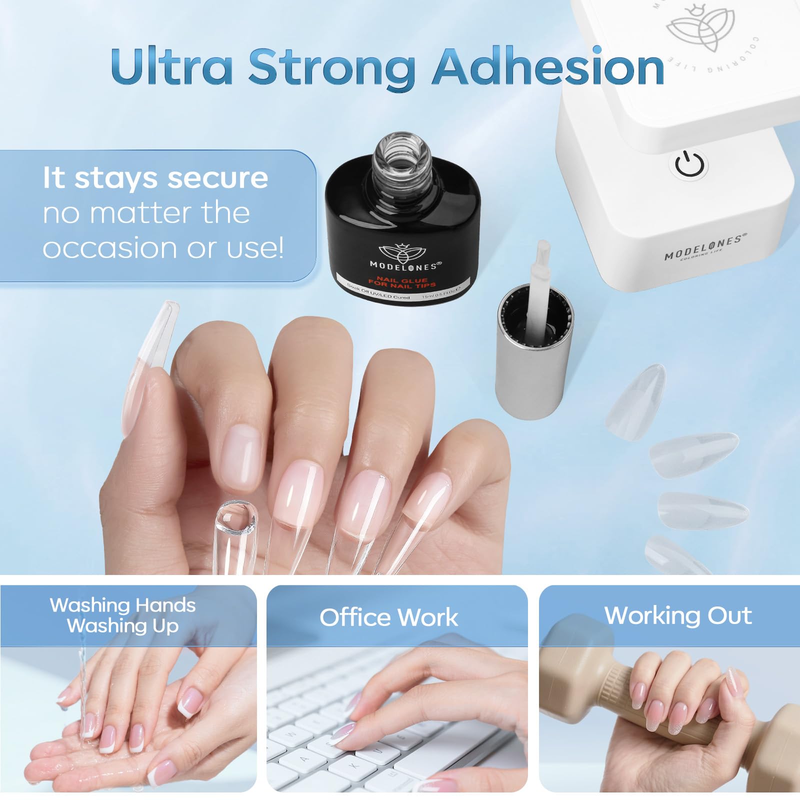 Modelones press-on nails adhesive bottle for quick, secure wear.