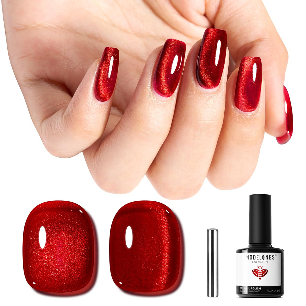 Modelones Red Cat Eye Gel Polish bottle showing holographic shimmer