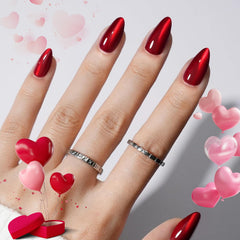 Modelones Red Cat Eye press-on nails in almond shape for versatile, long-lasting looks.