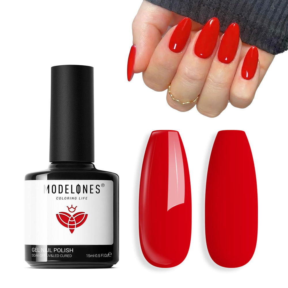 Modelones red gel nail polish bottle with Ferrari red gloss for vibrant nails