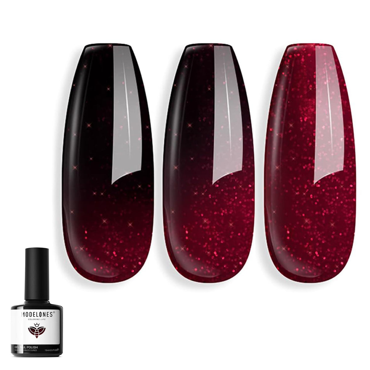 Modelones red gel nail polish burgundy wine color shift reveals cool and warm tones.