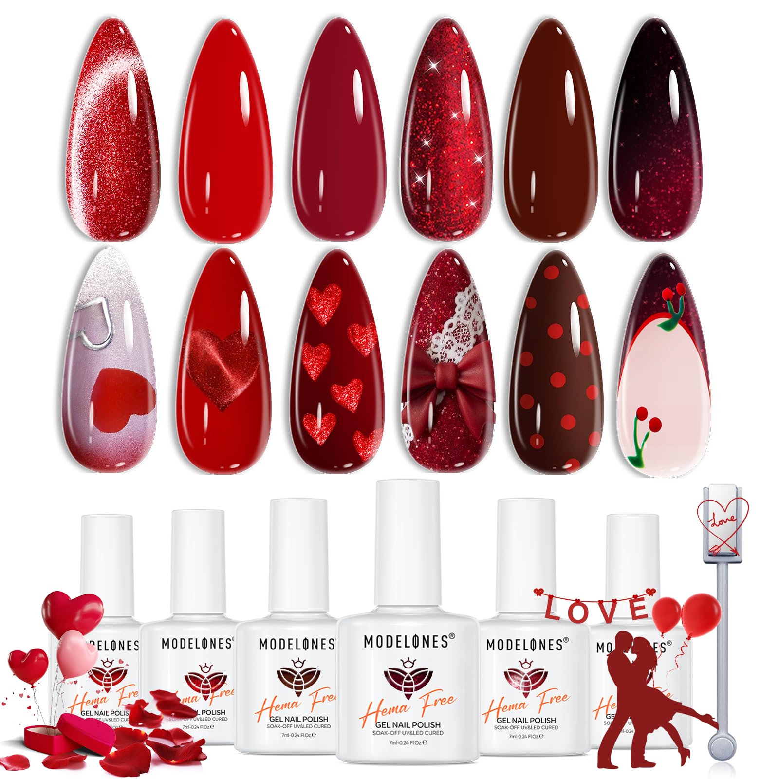 Modelones red gel nail polish set with six colors for at-home salon-quality nails.