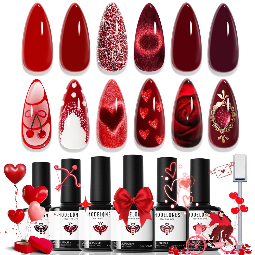 Modelones red gel nail polish set with six colors for a vibrant manicure