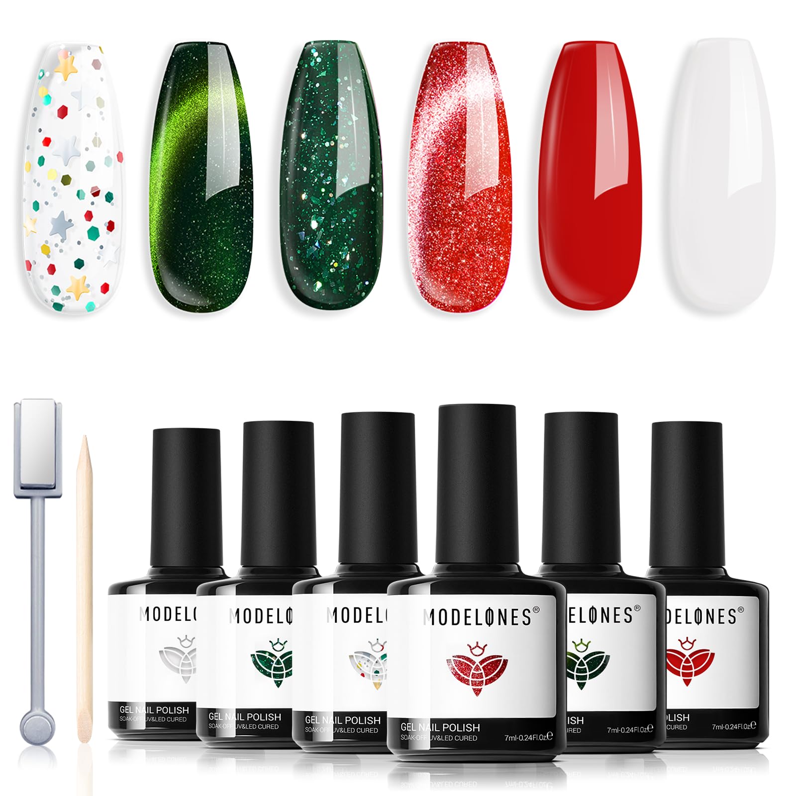 Modelones red green white gel set bottles showcase festive nail art