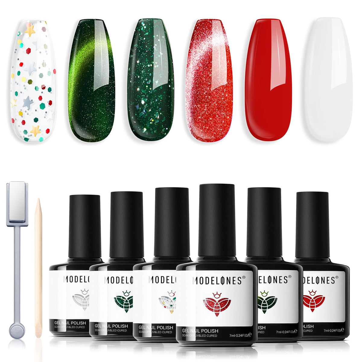 Modelones red green white gel set bottles showcase festive nail art