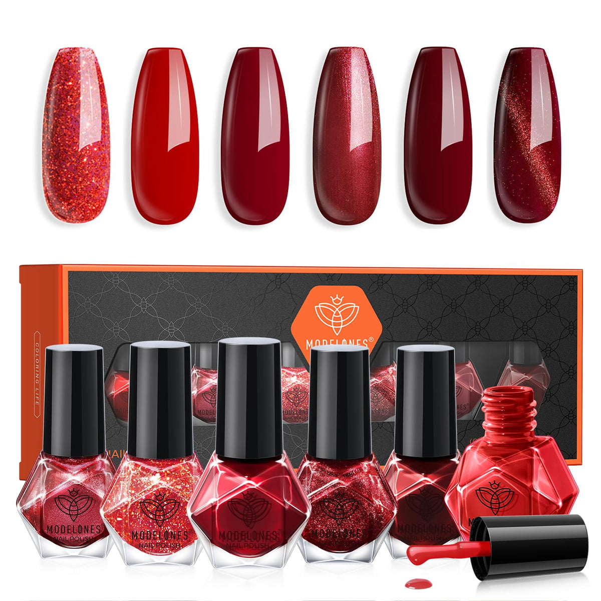 Modelones red nail polish set with six shades for bold, long-lasting color.