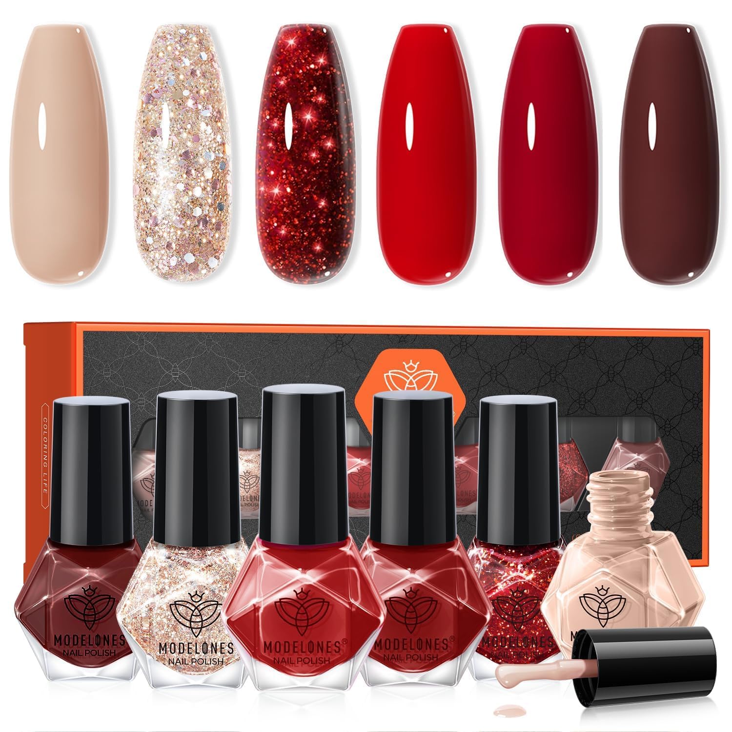Modelones red nail polish set with six colors for versatile day-to-night looks